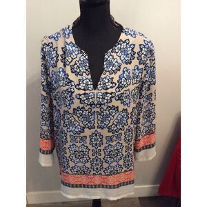 Violet + Claire Floral XL Tunic Top V Neck Blue Tan